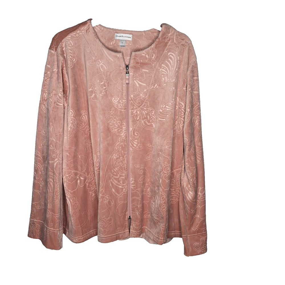 Miss Elaine Womens L Apricot Velour Soft Long Sleeve Zip Bed Jacket Top Pajama